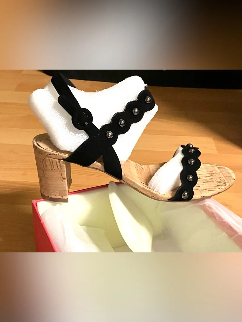 Vaneli Black Suede: Cork Heel Mavis Studded Sling Back Sandals: 8.5